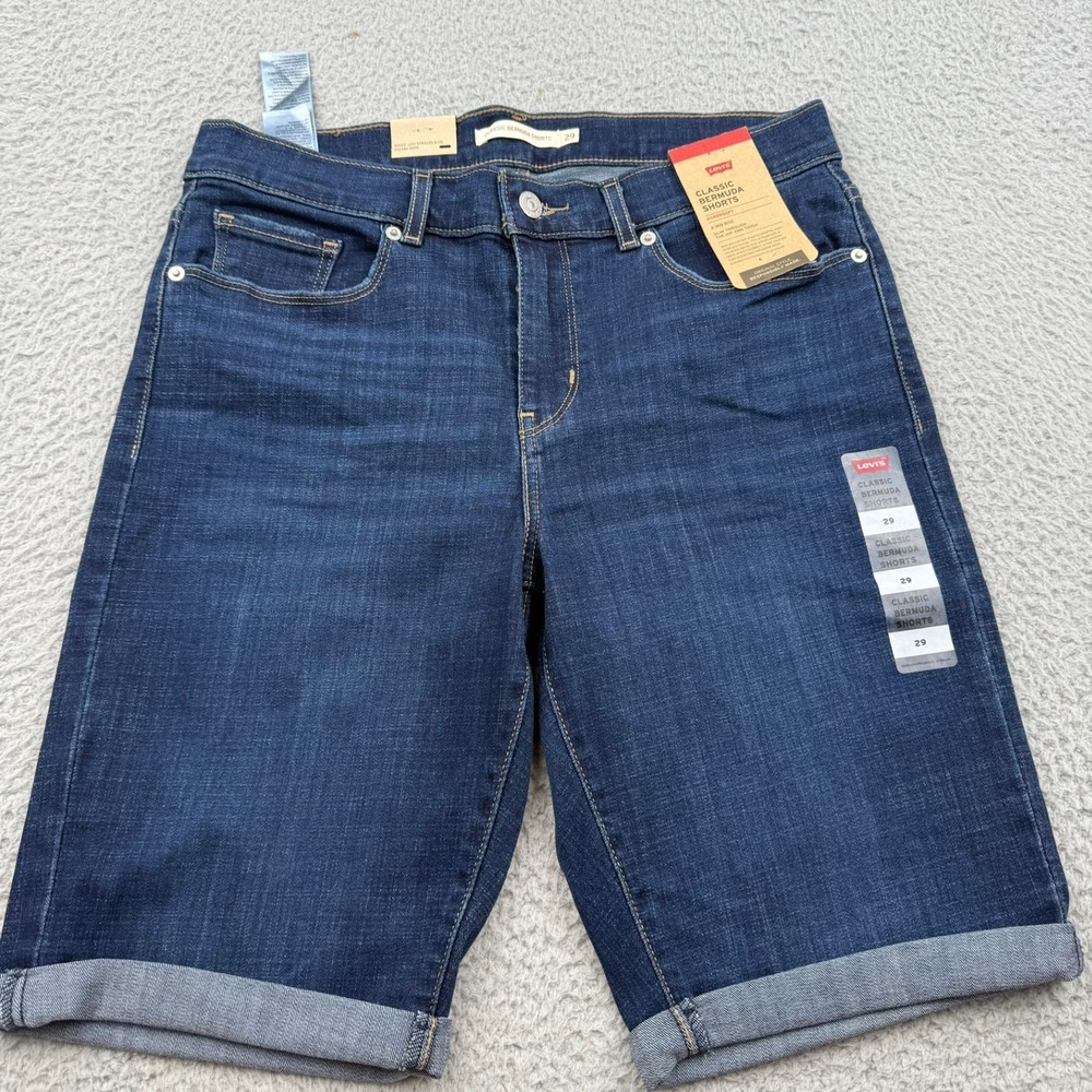 Levis Bermuda Shorts Mens 29 Dark Blue Solid Hypersoft Mid Rise Slim Fit